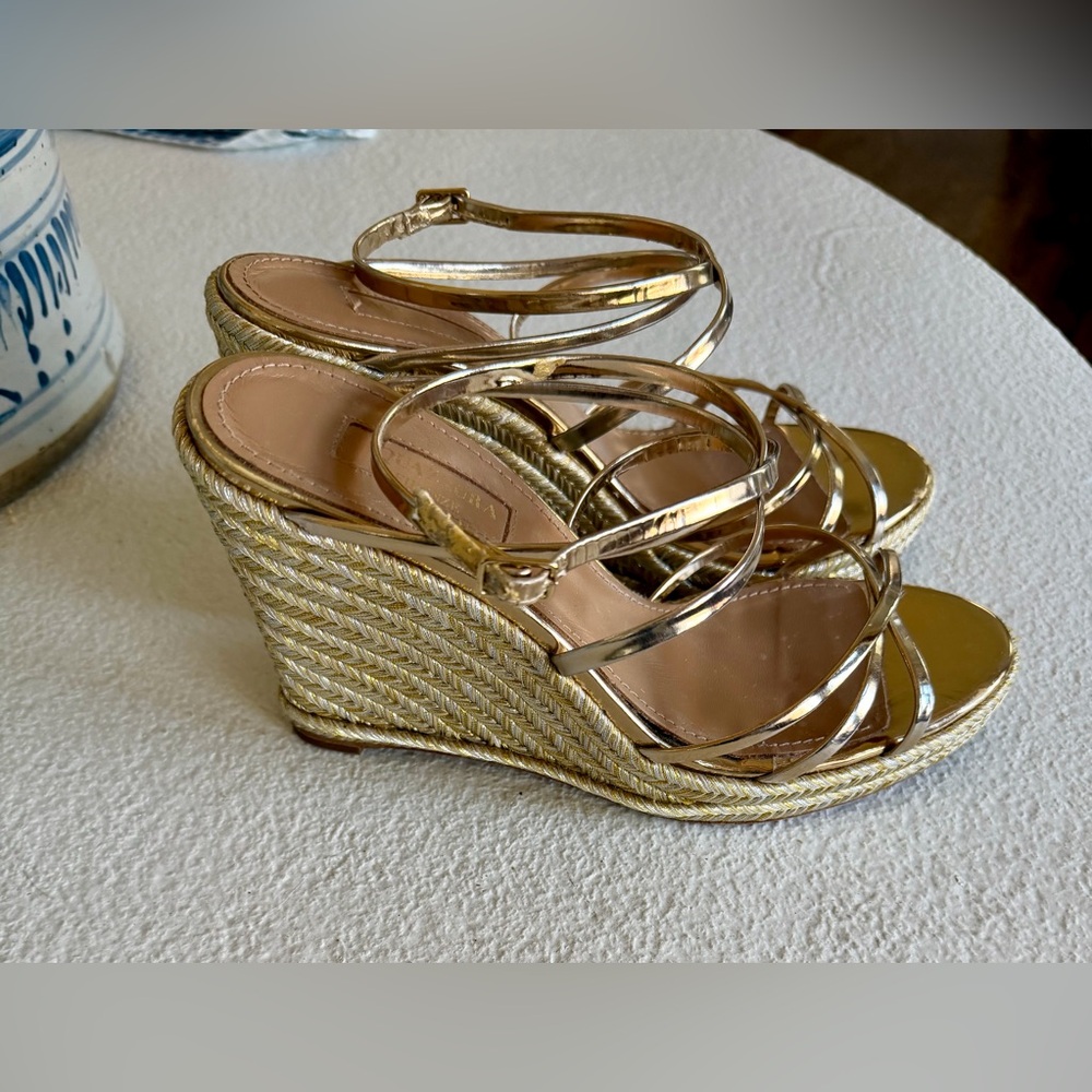 Aquazzura Gold Strappy Women's Platform Wedge Sandals - 37.5 / 7.5 - Picture 5 of 6